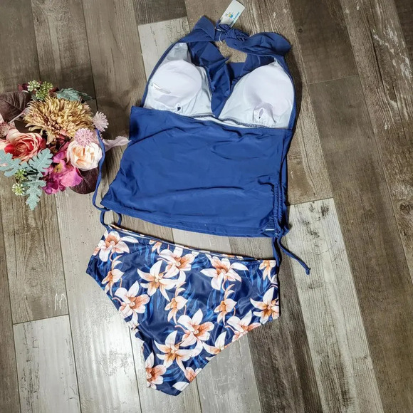 NWT Beachsissi Tummy Control Ruffle Shoulder Printed Tankini Set Size Large Blue - Picture 12 of 15